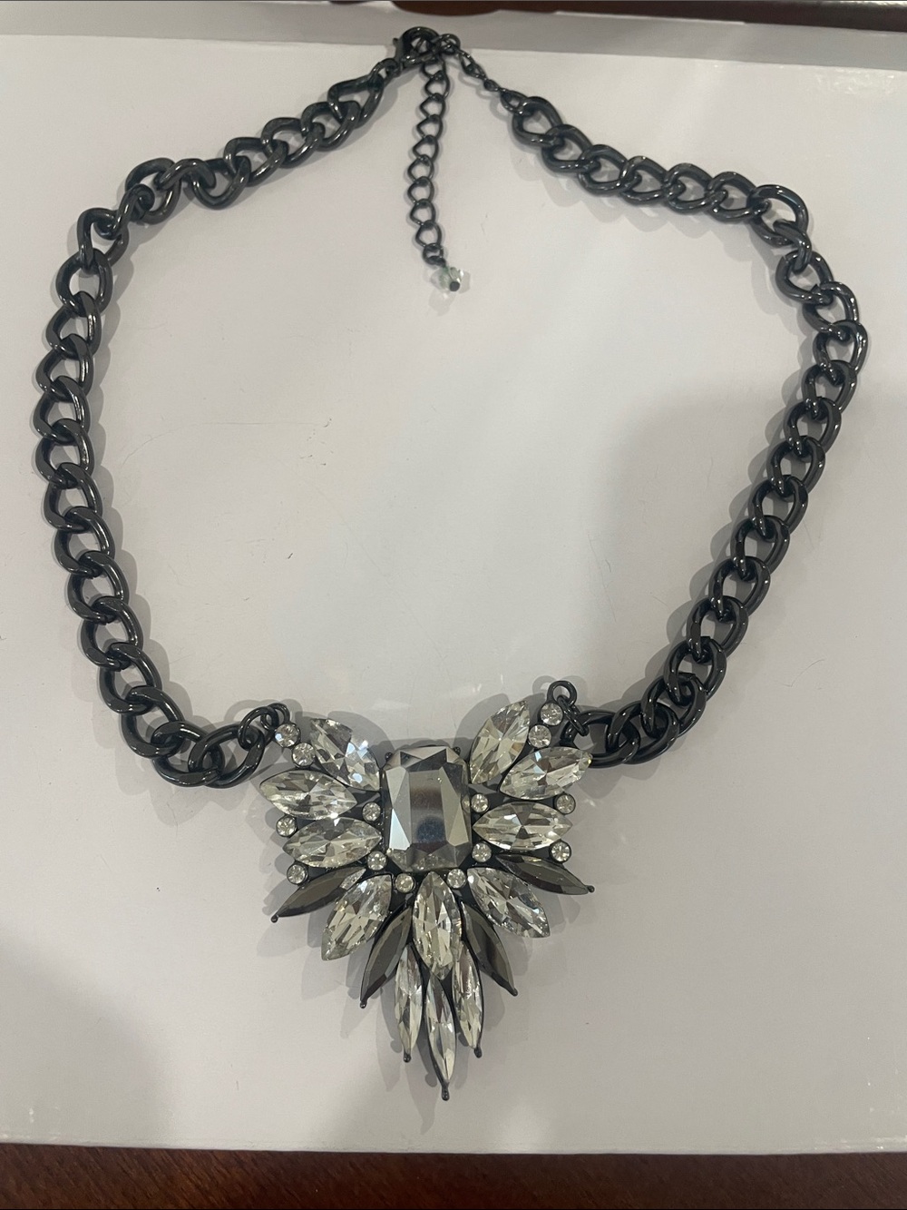 Statement Black Chain Necklace with Clear Crystal Pendant